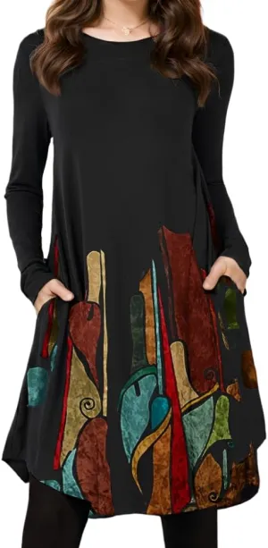 Women's Vintage Ethnic Floral Crew Neck Tunic Midi Dress Fall Loose Long Sleeve Plus Size Swing Dresses with 2 Pockets
