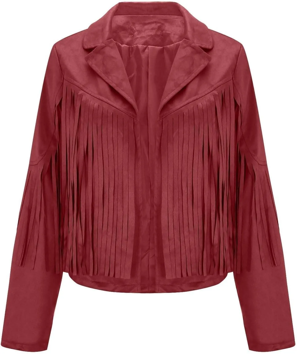 Womens Vintage Fringe Faux Suede Leather Cropped Jackets Fall Winter Motorcycle Moto Biker Short Open Front Tassel Coat