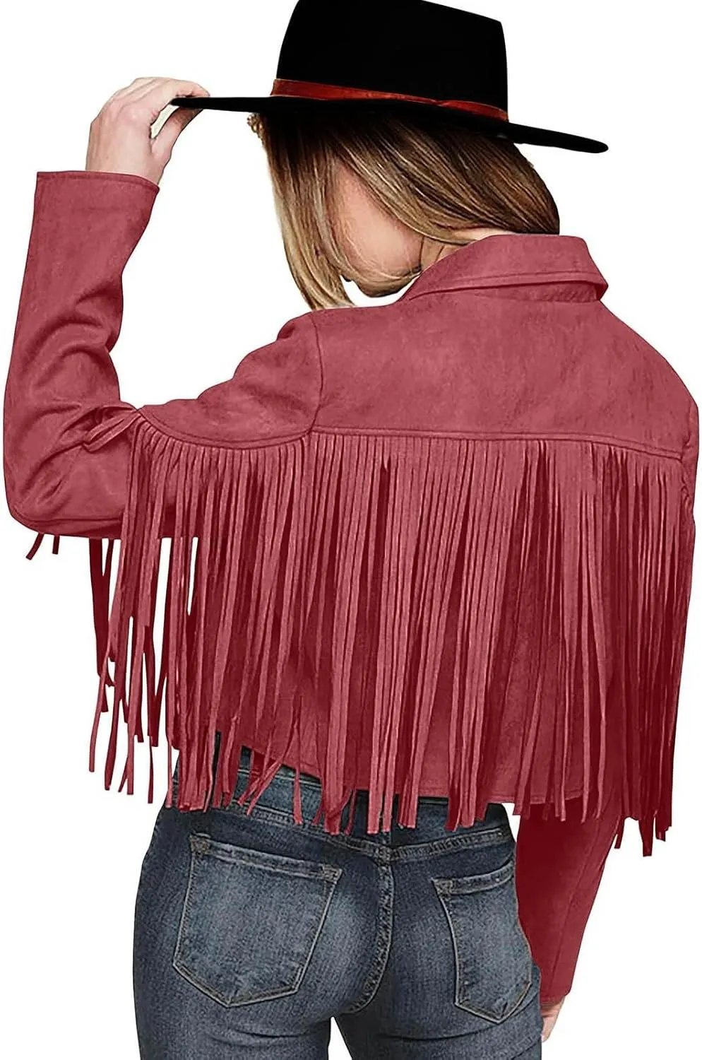 Womens Vintage Fringe Faux Suede Leather Cropped Jackets Fall Winter Motorcycle Moto Biker Short Open Front Tassel Coat