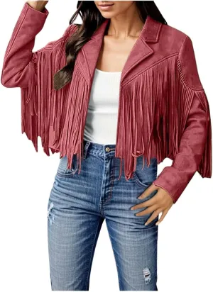 Womens Vintage Fringe Faux Suede Leather Cropped Jackets Fall Winter Motorcycle Moto Biker Short Open Front Tassel Coat