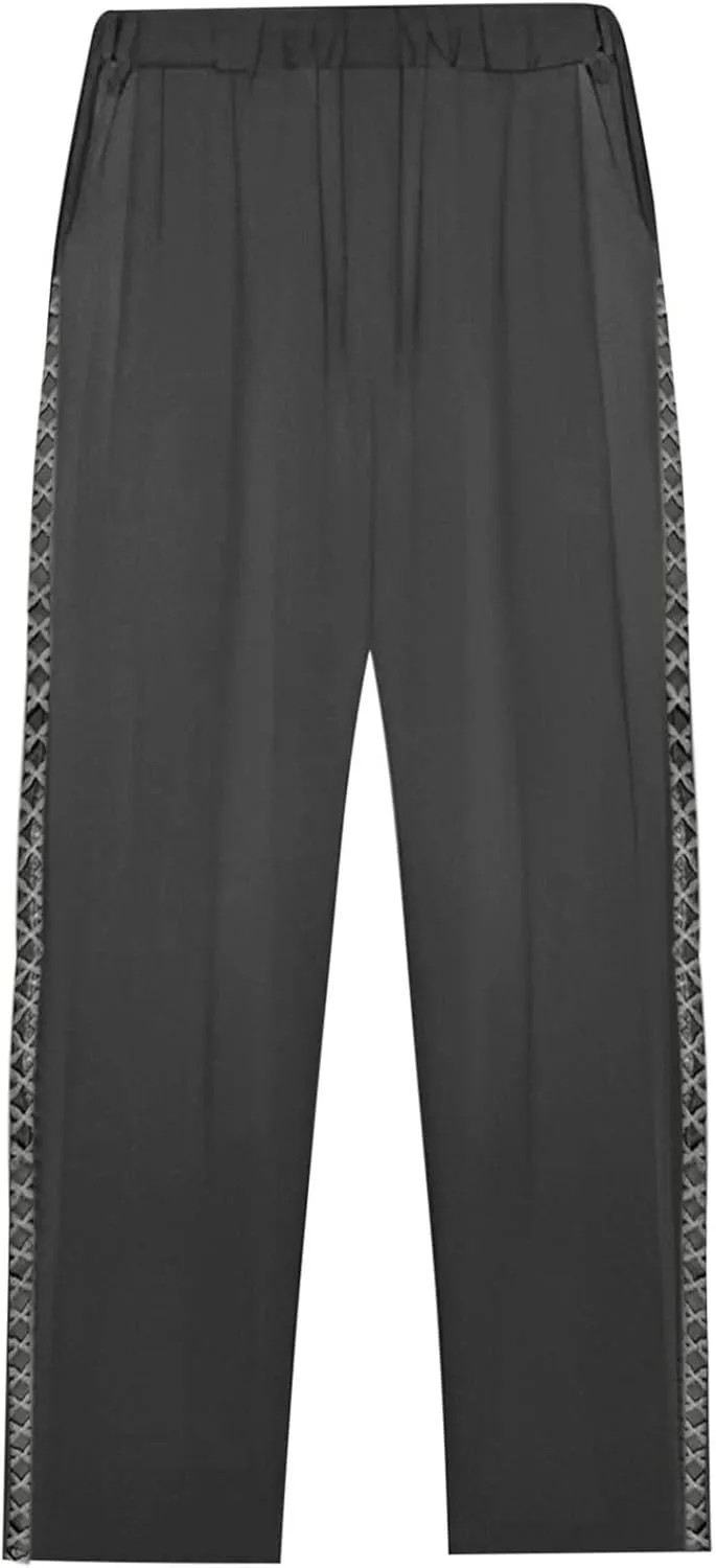 Women's Vintage Linen Capri Pants High Elastic Waist Wide Leg Capri Casual Beach Palazzo Trousers with Pockets