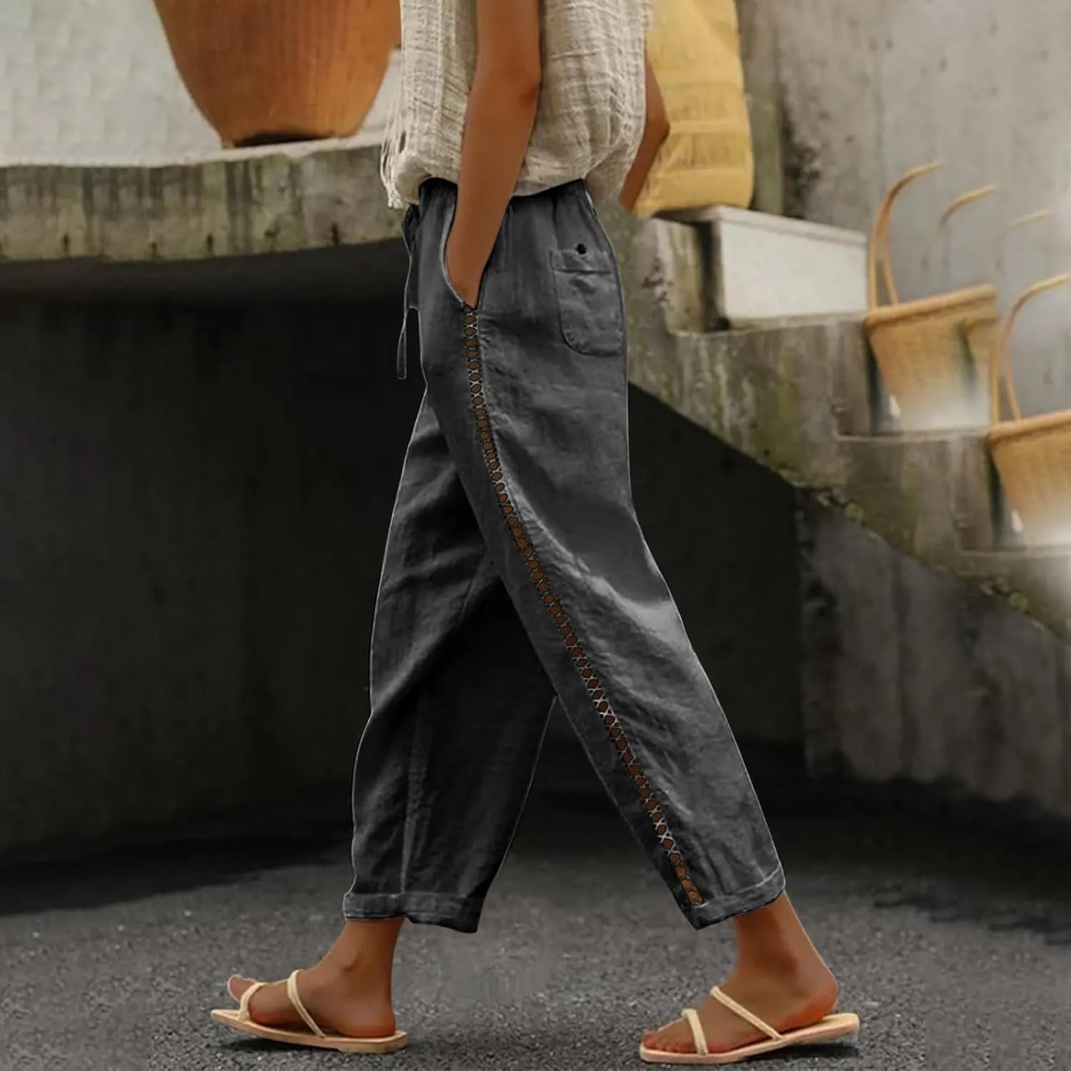 Women's Vintage Linen Capri Pants High Elastic Waist Wide Leg Capri Casual Beach Palazzo Trousers with Pockets
