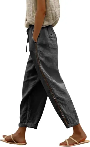 Women's Vintage Linen Capri Pants High Elastic Waist Wide Leg Capri Casual Beach Palazzo Trousers with Pockets
