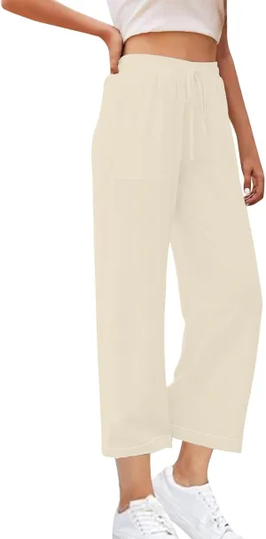 Women's Wide Leg Linen Pants High Waisted Boho Casual Palazzo Pants Summer Beach Drawstring Trousers with Pockets