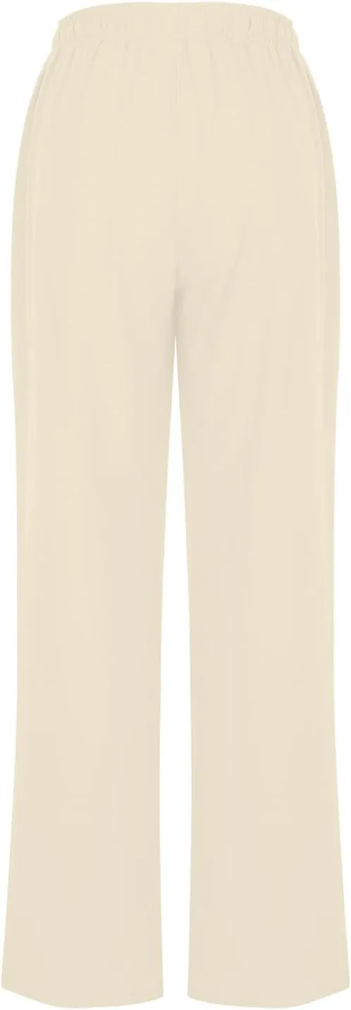 Women's Wide Leg Linen Pants High Waisted Boho Casual Palazzo Pants Summer Beach Drawstring Trousers with Pockets