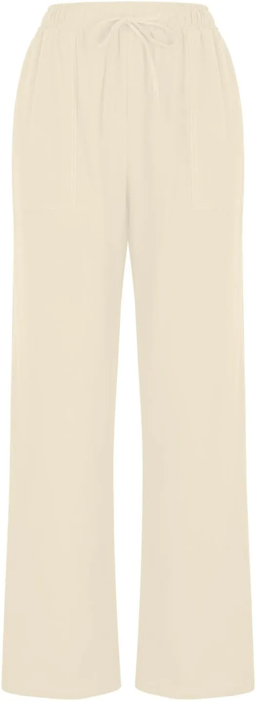 Women's Wide Leg Linen Pants High Waisted Boho Casual Palazzo Pants Summer Beach Drawstring Trousers with Pockets