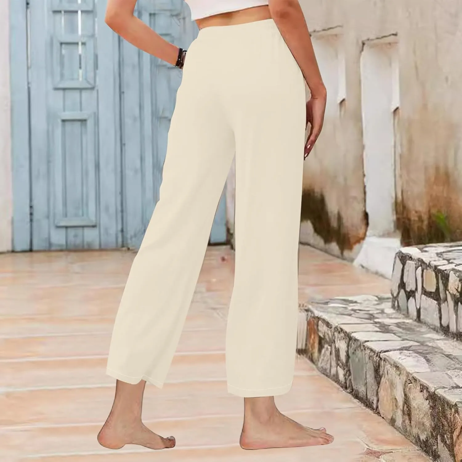 Women's Wide Leg Linen Pants High Waisted Boho Casual Palazzo Pants Summer Beach Drawstring Trousers with Pockets