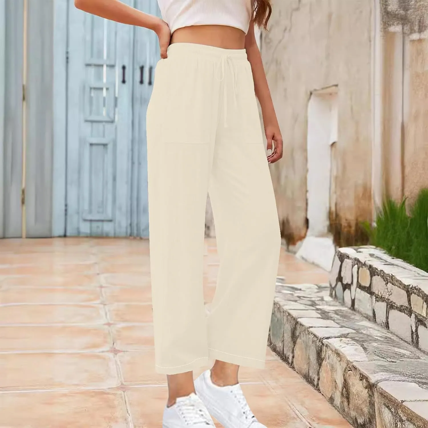 Women's Wide Leg Linen Pants High Waisted Boho Casual Palazzo Pants Summer Beach Drawstring Trousers with Pockets