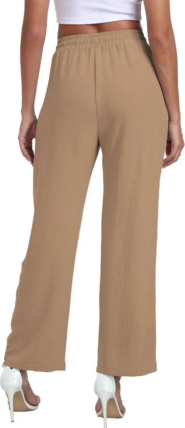Women's Wide Leg Pants High Waist Adjustable Knot Loose Casual Trousers Business Work Casual Pants with Pockets