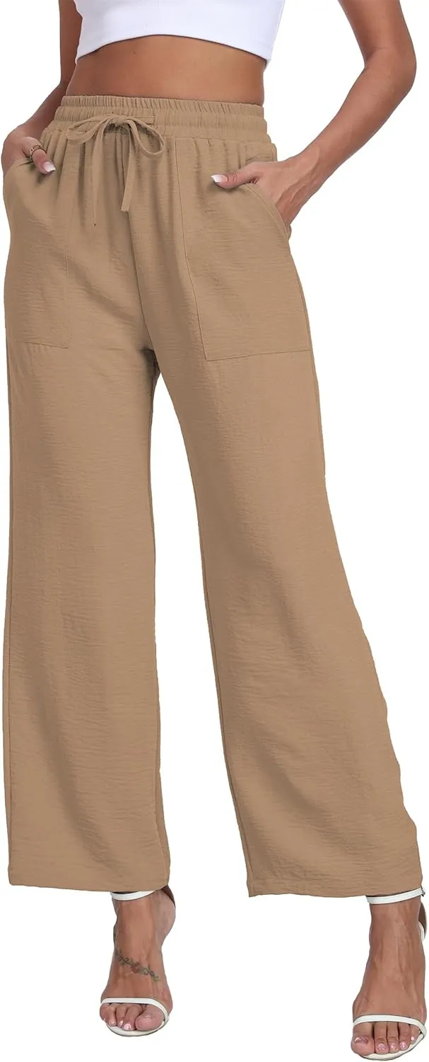 Women's Wide Leg Pants High Waist Adjustable Knot Loose Casual Trousers Business Work Casual Pants with Pockets