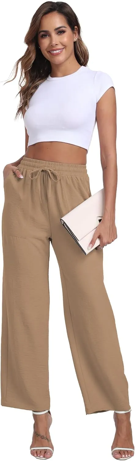 Women's Wide Leg Pants High Waist Adjustable Knot Loose Casual Trousers Business Work Casual Pants with Pockets