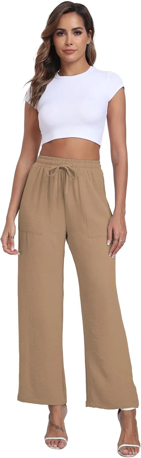 Women's Wide Leg Pants High Waist Adjustable Knot Loose Casual Trousers Business Work Casual Pants with Pockets