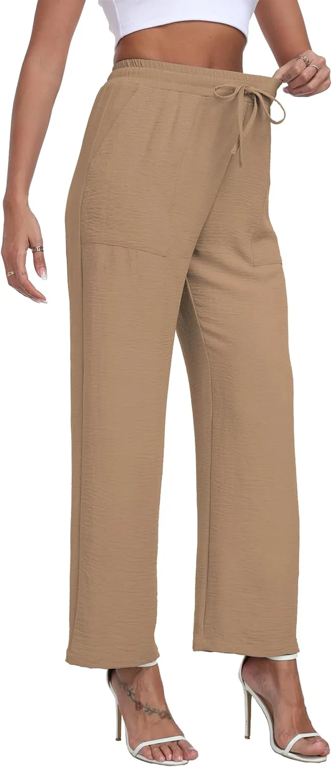 Women's Wide Leg Pants High Waist Adjustable Knot Loose Casual Trousers Business Work Casual Pants with Pockets
