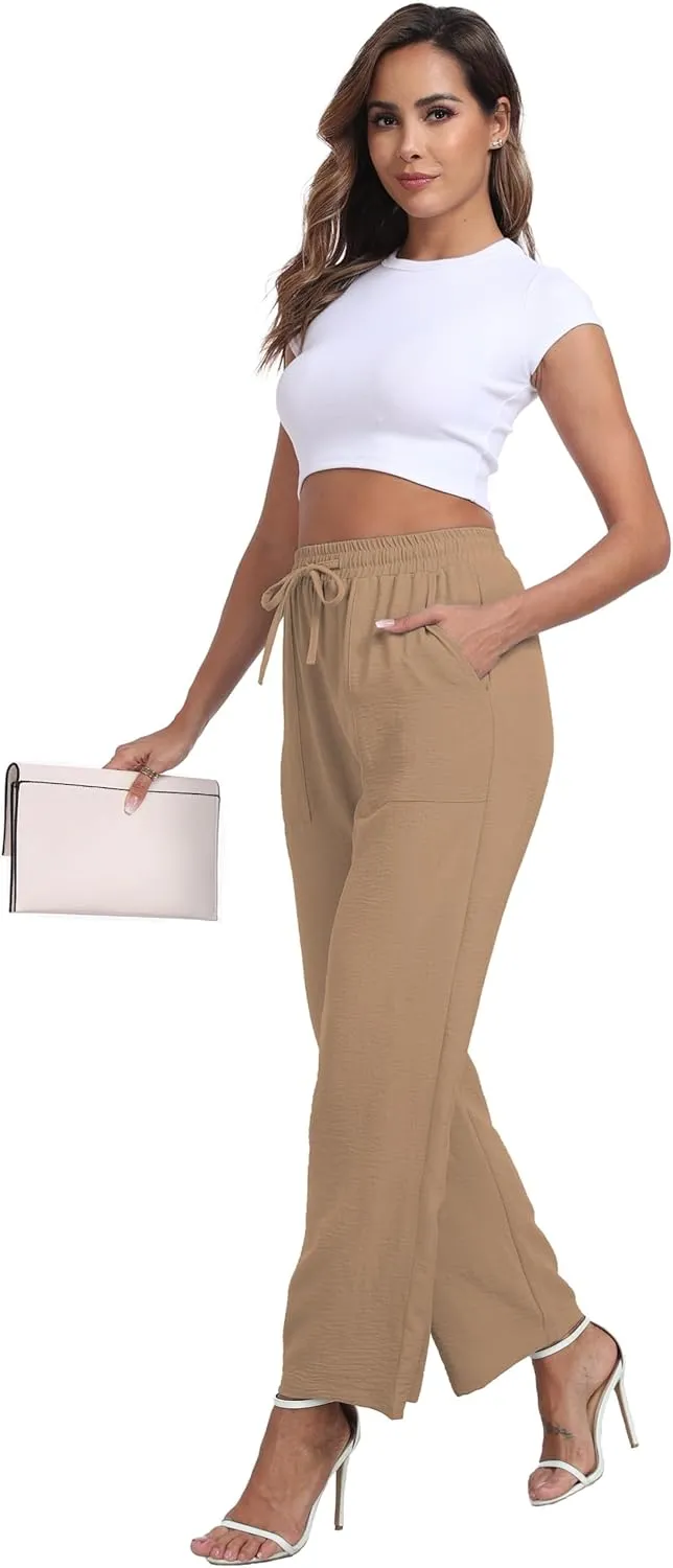 Women's Wide Leg Pants High Waist Adjustable Knot Loose Casual Trousers Business Work Casual Pants with Pockets