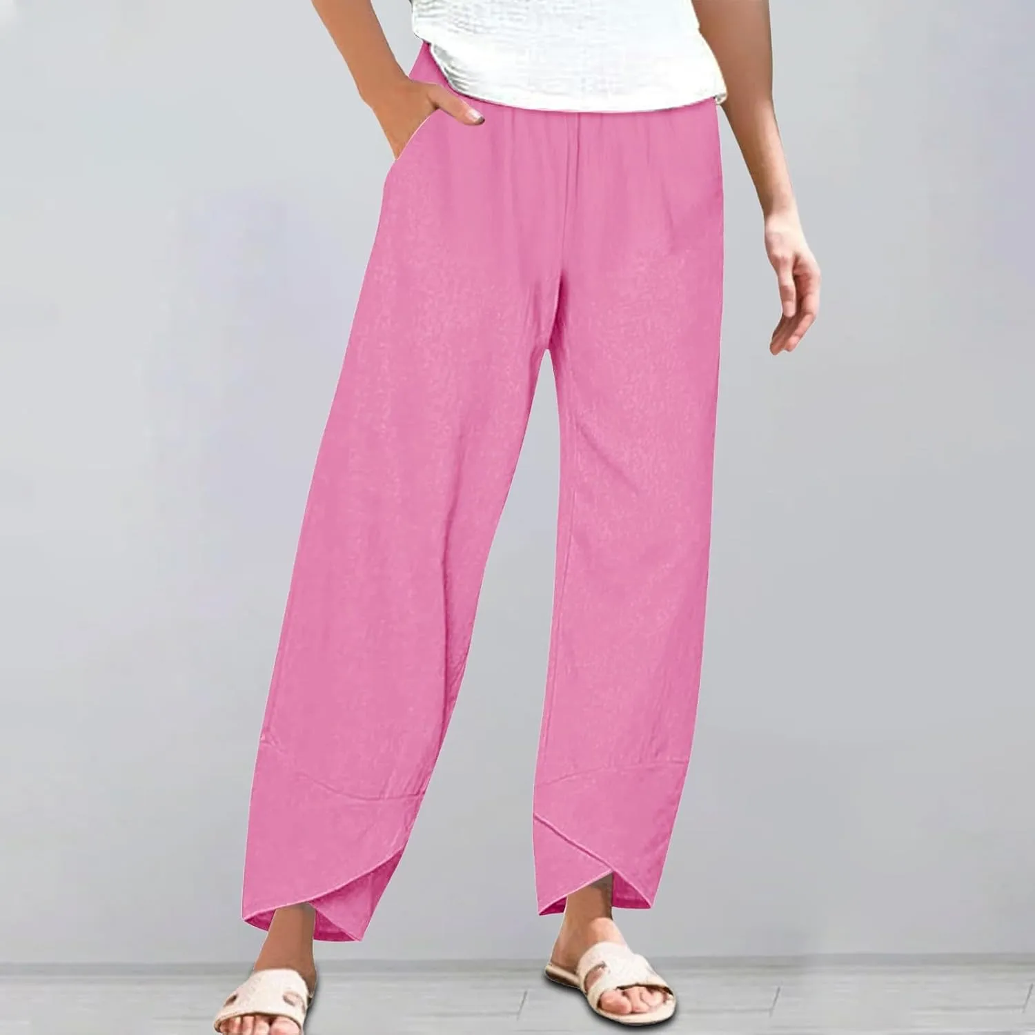 Women's Wide Leg Pants with Pockets Work Pants with Pockets Elastic High Waist Paper Summer Boho Wide Leg High Waist