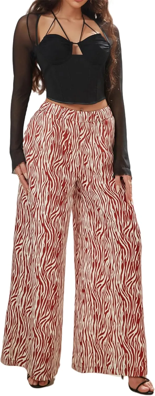 Women's Wide Leg Pants with Stretchy Waist and Pockets Zebra Print and Solid Colors Woven Trousers