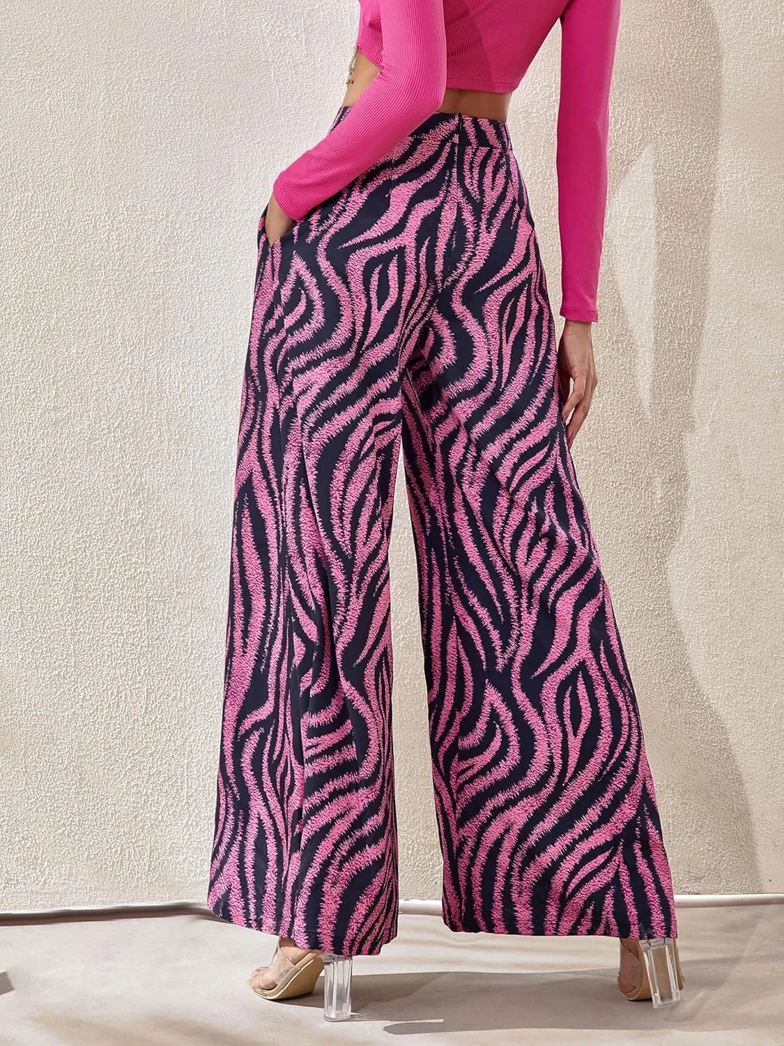 Women's Wide Leg Pants with Stretchy Waist and Pockets Zebra Print and Solid Colors Woven Trousers