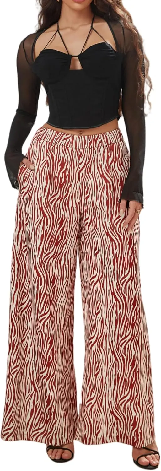 Women's Wide Leg Pants with Stretchy Waist and Pockets Zebra Print and Solid Colors Woven Trousers