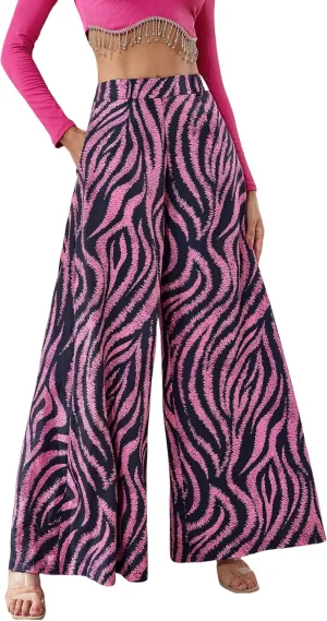 Women's Wide Leg Pants with Stretchy Waist and Pockets Zebra Print and Solid Colors Woven Trousers
