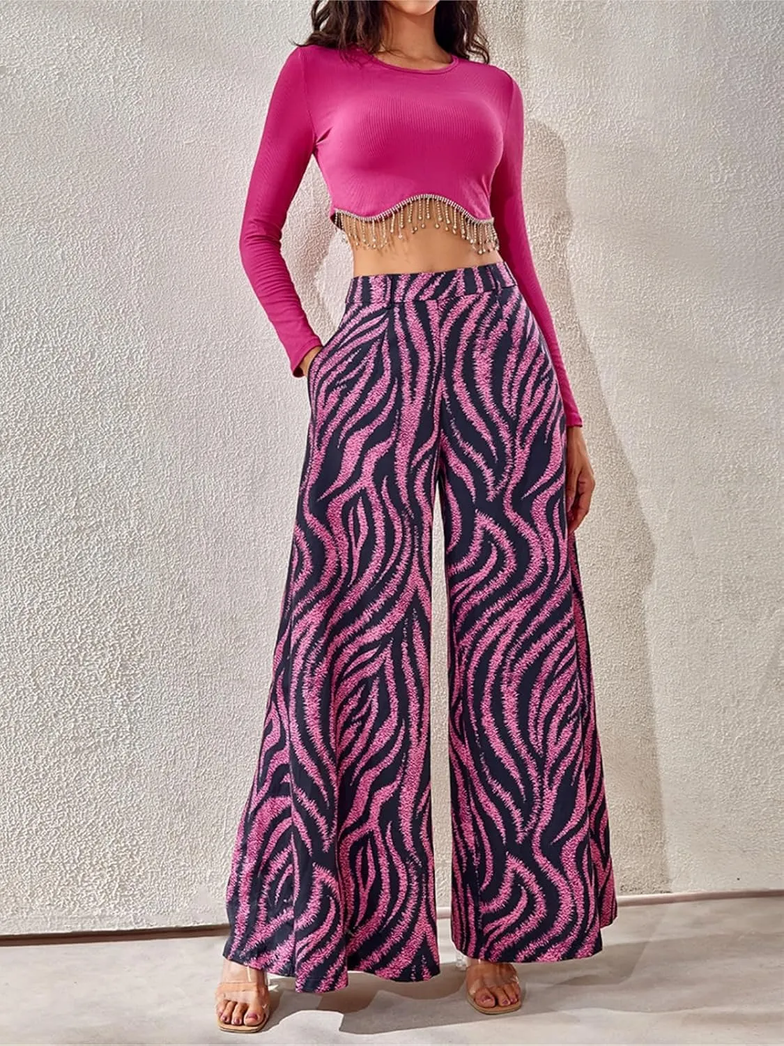 Women's Wide Leg Pants with Stretchy Waist and Pockets Zebra Print and Solid Colors Woven Trousers