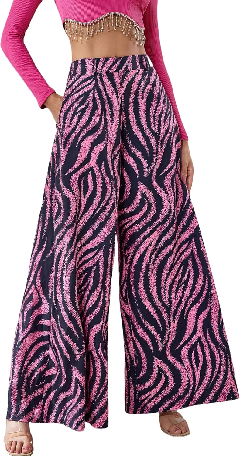 Women's Wide Leg Pants with Stretchy Waist and Pockets Zebra Print and Solid Colors Woven Trousers