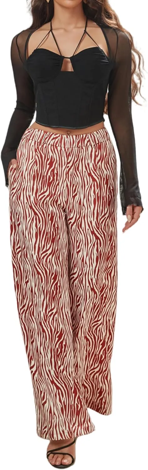 Women's Wide Leg Pants with Stretchy Waist and Pockets Zebra Print and Solid Colors Woven Trousers