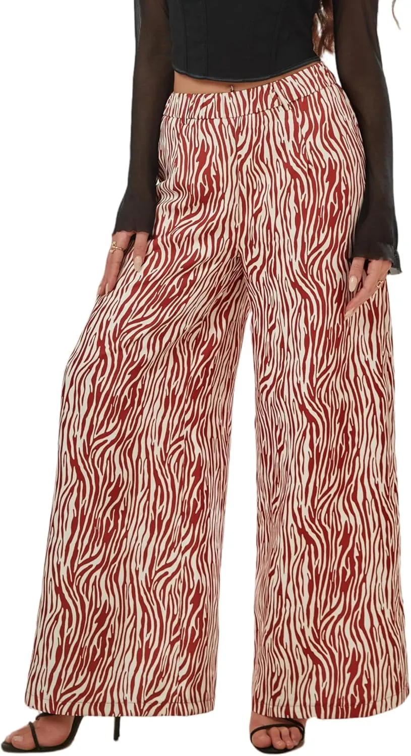 Women's Wide Leg Pants with Stretchy Waist and Pockets Zebra Print and Solid Colors Woven Trousers