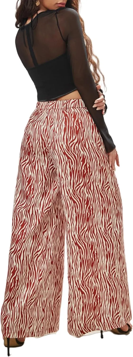 Women's Wide Leg Pants with Stretchy Waist and Pockets Zebra Print and Solid Colors Woven Trousers