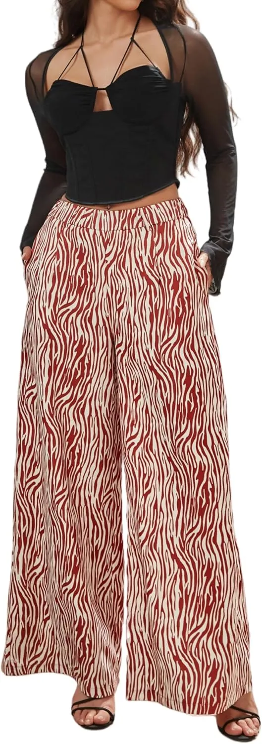 Women's Wide Leg Pants with Stretchy Waist and Pockets Zebra Print and Solid Colors Woven Trousers