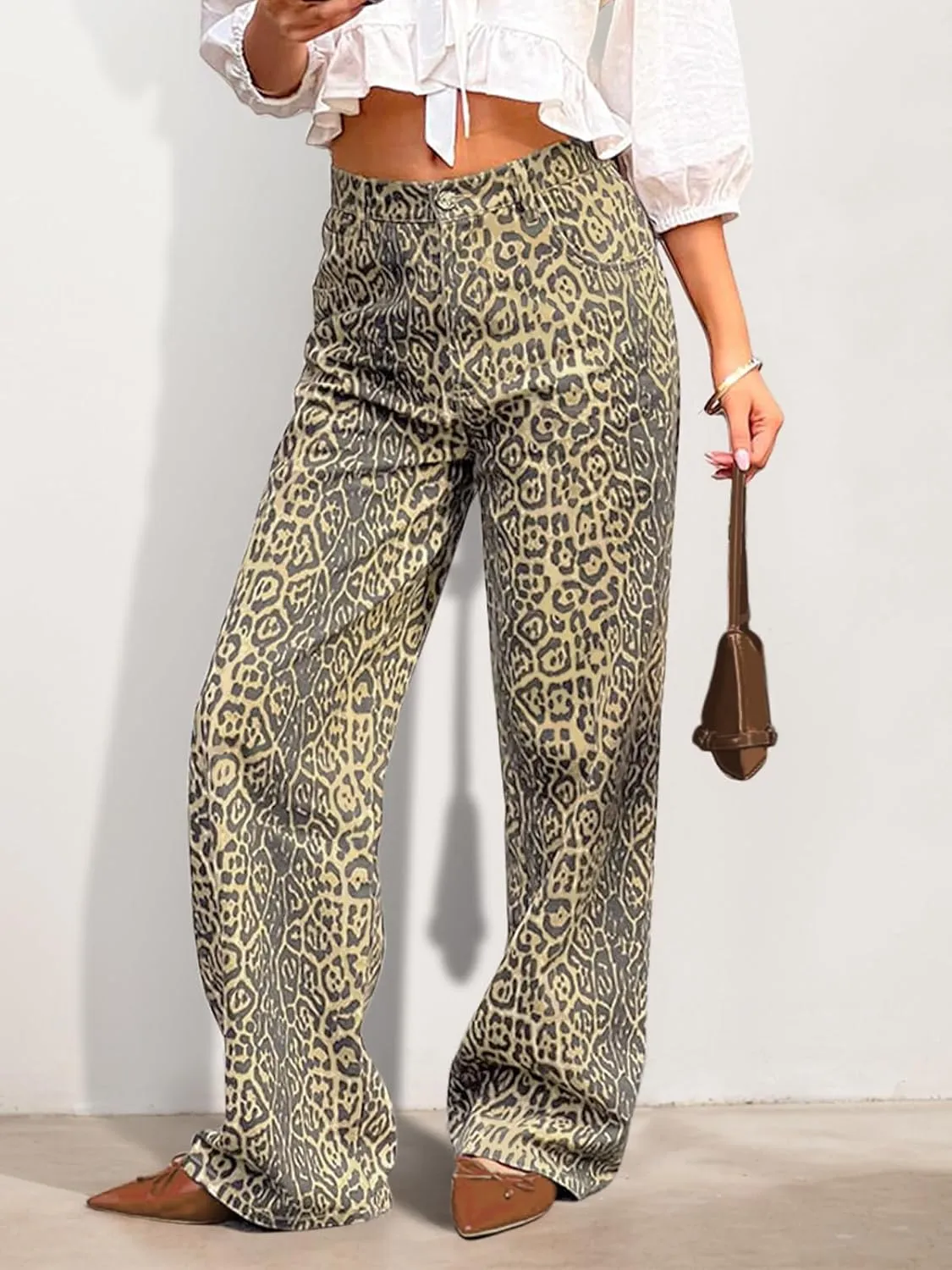Women's Y2K Oversized Baggy Leopard Print Wide Straight Leg Jeans Stretchy High Waisted Cheetah Cargo Denim Pants