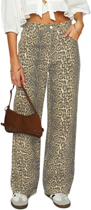 Women's Y2K Oversized Baggy Leopard Print Wide Straight Leg Jeans Stretchy High Waisted Cheetah Cargo Denim Pants