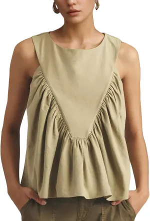 Wyeysyt Peplum Tops for Women Shirred Swing Tank Tops Pleated Flowy Vest Casual Sleeveless Blouse Loose Fit Ruffled Shirts