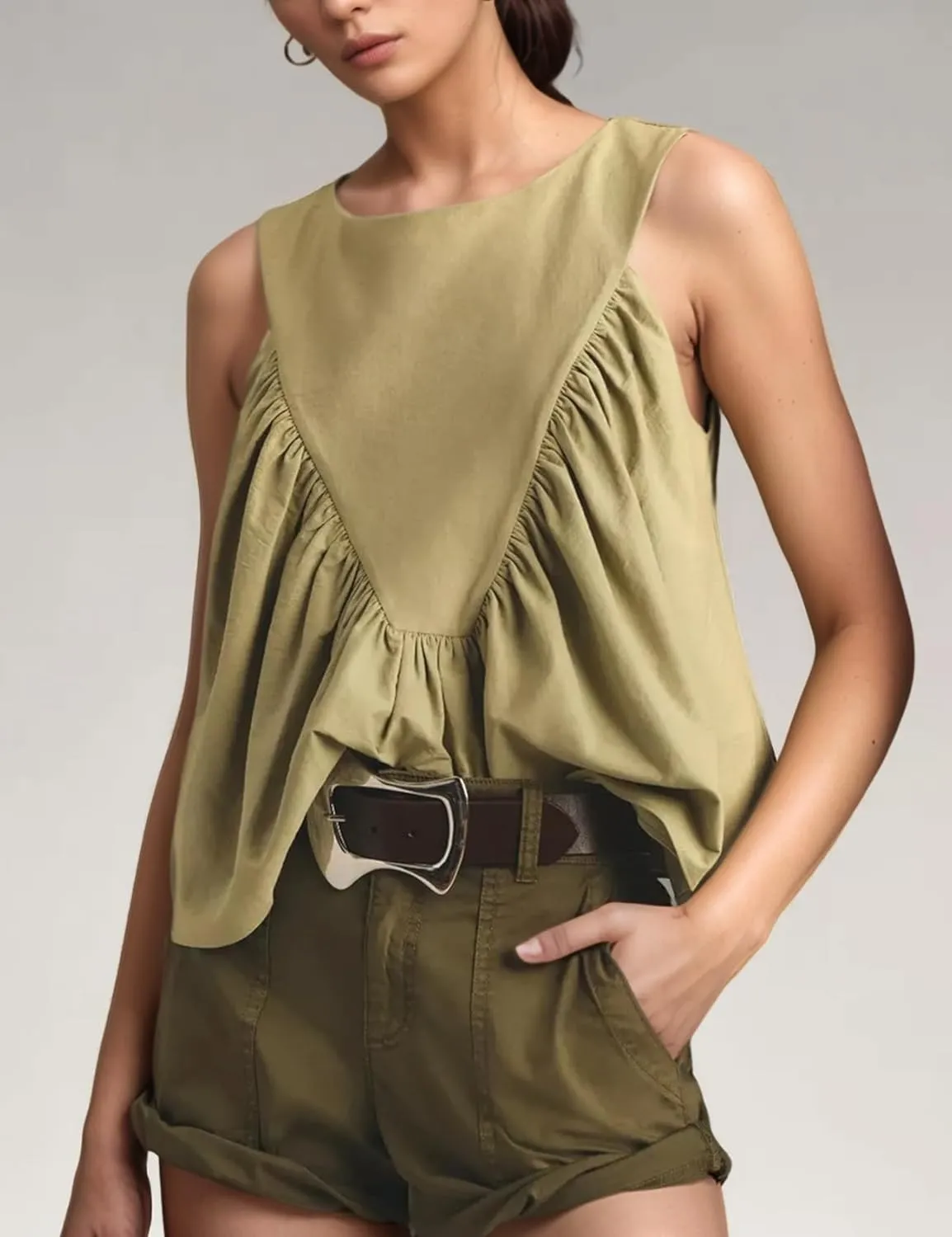 Wyeysyt Peplum Tops for Women Shirred Swing Tank Tops Pleated Flowy Vest Casual Sleeveless Blouse Loose Fit Ruffled Shirts