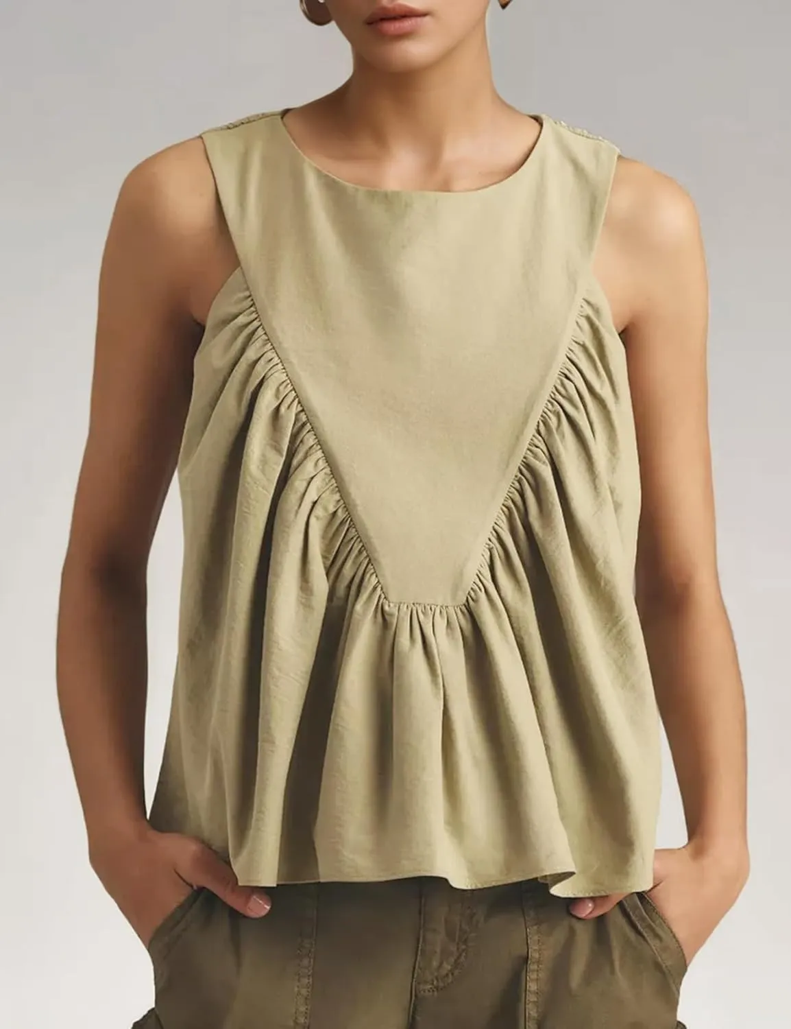Wyeysyt Peplum Tops for Women Shirred Swing Tank Tops Pleated Flowy Vest Casual Sleeveless Blouse Loose Fit Ruffled Shirts