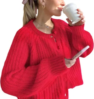 Wyeysyt Womens 2024 Fall Cardigan Sweater Open Front Chunky Soft Knit Sweater Button Down Loose Cardigans(Red-S)