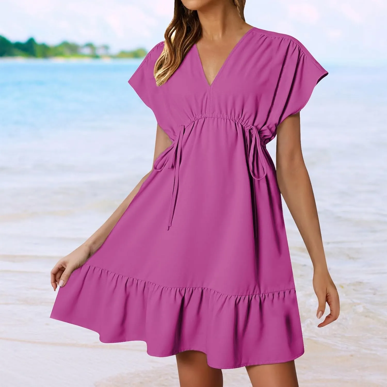 XOWRTE Womens Summer Dresses Short Sleeve V Neck Empire Waist Drawstring Casual Ruffle A-Line Swing Mini Babydoll Dress