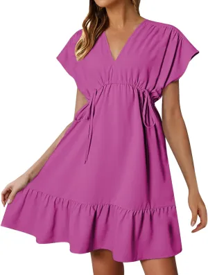 XOWRTE Womens Summer Dresses Short Sleeve V Neck Empire Waist Drawstring Casual Ruffle A-Line Swing Mini Babydoll Dress