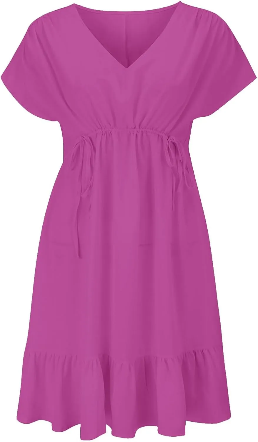 XOWRTE Womens Summer Dresses Short Sleeve V Neck Empire Waist Drawstring Casual Ruffle A-Line Swing Mini Babydoll Dress