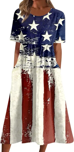 Yesunpxs Summer Dresses for Women Printing Short Sleeve Dresses Round Neck Lightweight Trendy Beach Dress with Pocket