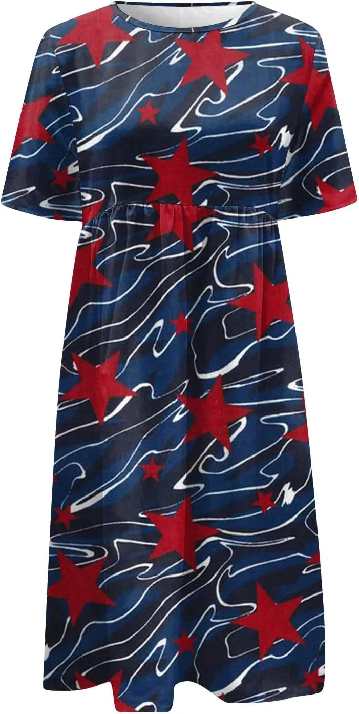 Yesunpxs Summer Dresses for Women Printing Short Sleeve Dresses Round Neck Lightweight Trendy Beach Dress with Pocket