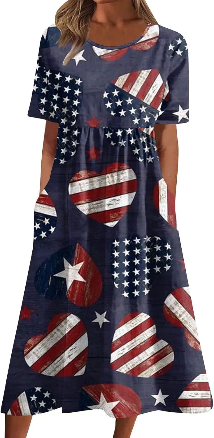 Yesunpxs Summer Dresses for Women Printing Short Sleeve Dresses Round Neck Lightweight Trendy Beach Dress with Pocket