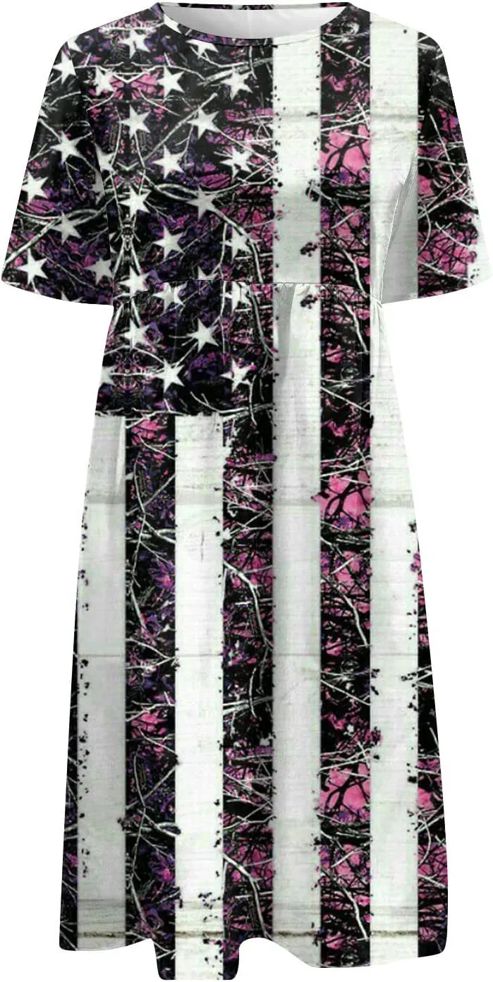 Yesunpxs Summer Dresses for Women Printing Short Sleeve Dresses Round Neck Lightweight Trendy Beach Dress with Pocket