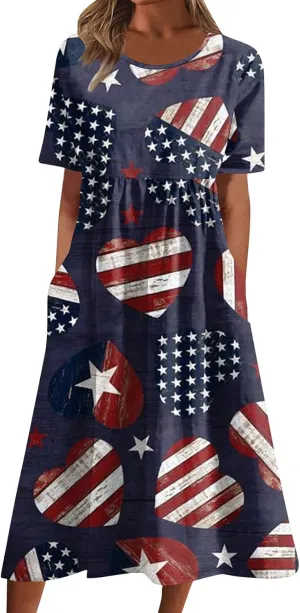 Yesunpxs Summer Dresses for Women Printing Short Sleeve Dresses Round Neck Lightweight Trendy Beach Dress with Pocket