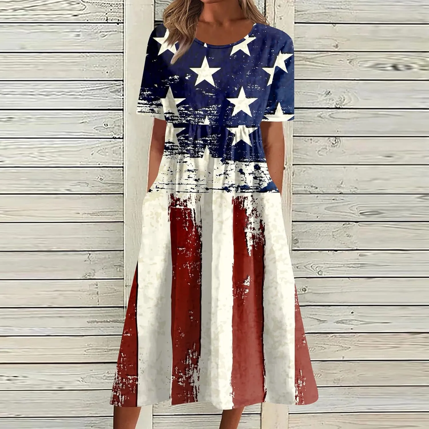 Yesunpxs Summer Dresses for Women Printing Short Sleeve Dresses Round Neck Lightweight Trendy Beach Dress with Pocket
