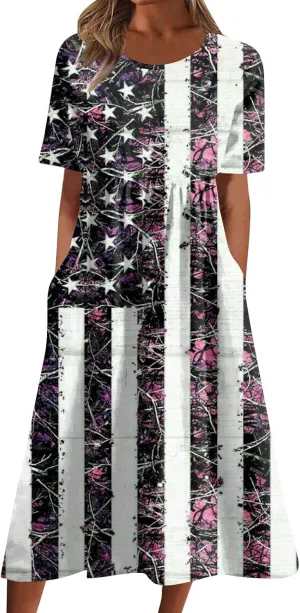 Yesunpxs Summer Dresses for Women Printing Short Sleeve Dresses Round Neck Lightweight Trendy Beach Dress with Pocket