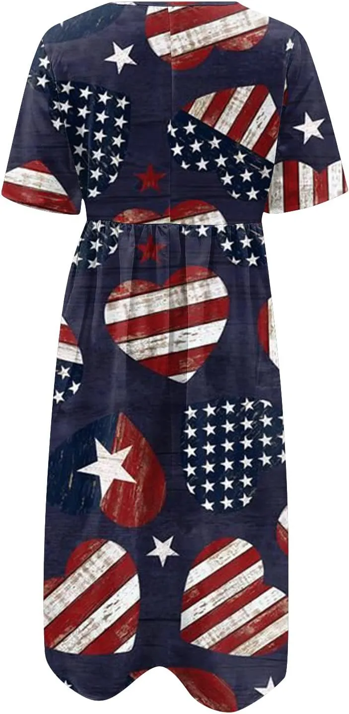 Yesunpxs Summer Dresses for Women Printing Short Sleeve Dresses Round Neck Lightweight Trendy Beach Dress with Pocket