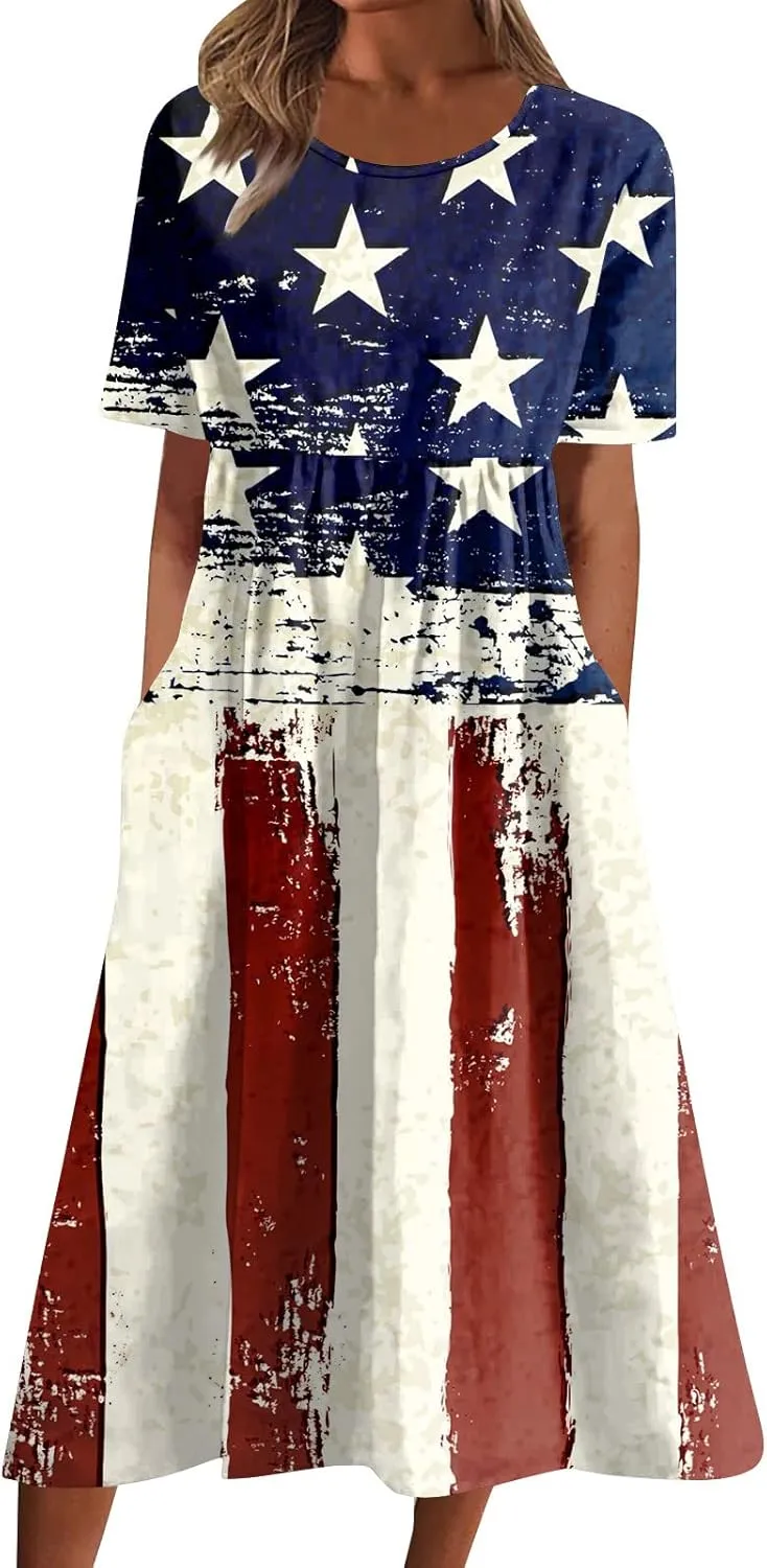 Yesunpxs Summer Dresses for Women Printing Short Sleeve Dresses Round Neck Lightweight Trendy Beach Dress with Pocket