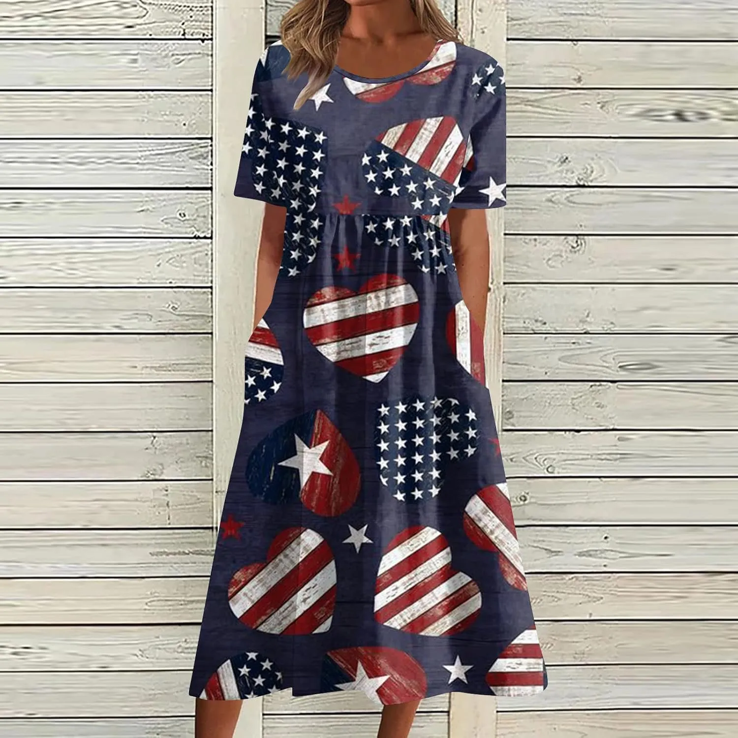 Yesunpxs Summer Dresses for Women Printing Short Sleeve Dresses Round Neck Lightweight Trendy Beach Dress with Pocket