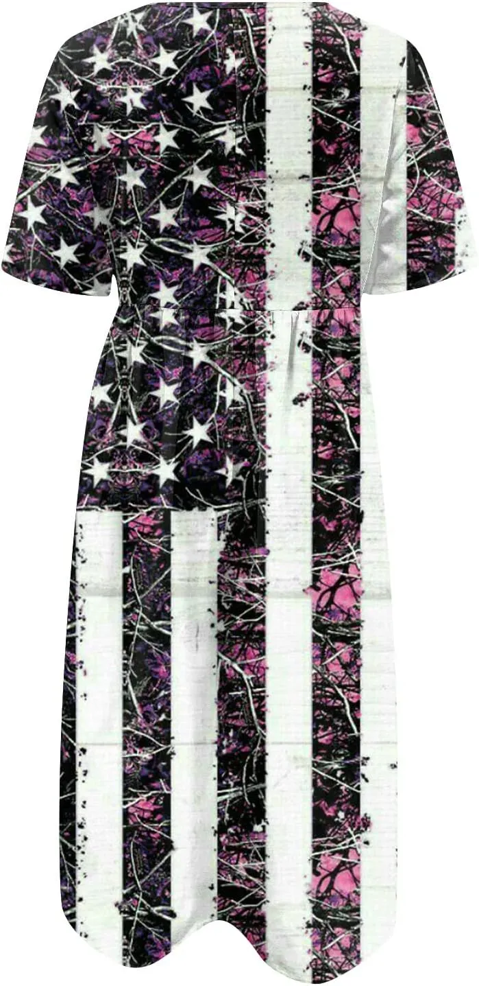 Yesunpxs Summer Dresses for Women Printing Short Sleeve Dresses Round Neck Lightweight Trendy Beach Dress with Pocket
