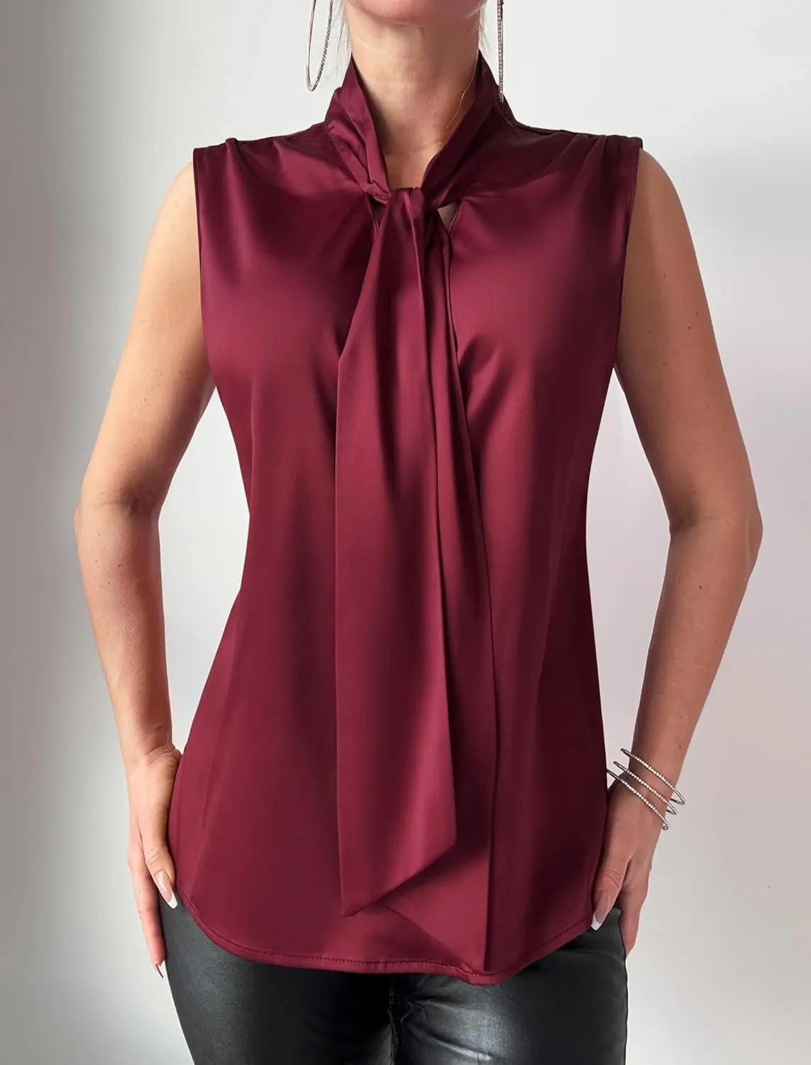 ZAFUL Women's Silk Satin Tank Tops Bow Tie Knot Mock Neck Casual Sleeveless Blouses Summer Basic Tanks Shirt